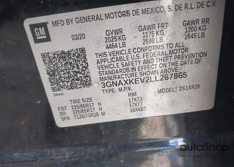 2020 Chevrolet Equinox Fwd Lt 1.5L Turbo из США, поврежденный, VIN 3GNAXKEV2LL267865